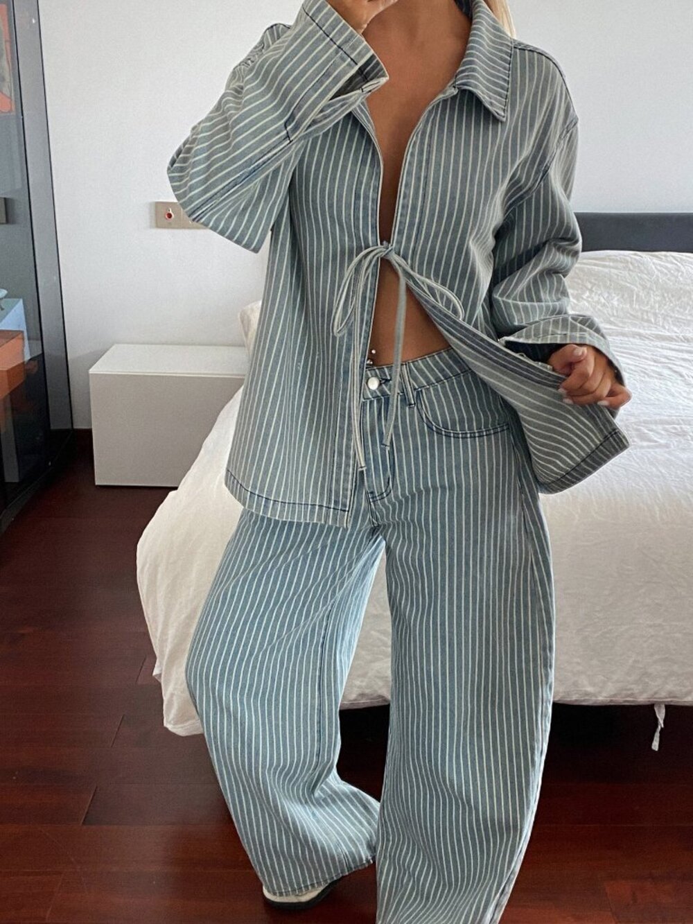 Blue Casual Women's Striped Collared Top & Wide Leg Pants Set
